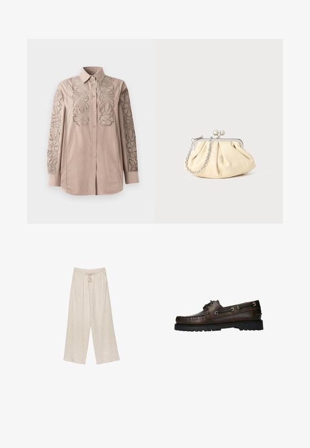 Lichtbeige overhemd met knopen, voorzien van ingewikkelde kantachtige bloemenborduursels op de mouwen. Zachte stof met gestructureerde kraag en lange mouwen.; Beige linnen wijde broek met een trekkoord in de taille, twee zijzakken en een licht gestructureerde stof voor ademend vermogen en comfort.; Bruine leren bootschoen met moccasinstiksel, metalen oogjes en een gestructureerde zwarte rubberen zool.; Geplooide beige leren clutch met een zilveren metalen frame, voorzien van twee ronde decoratieve sluitingen en een zilveren kettingriem.
