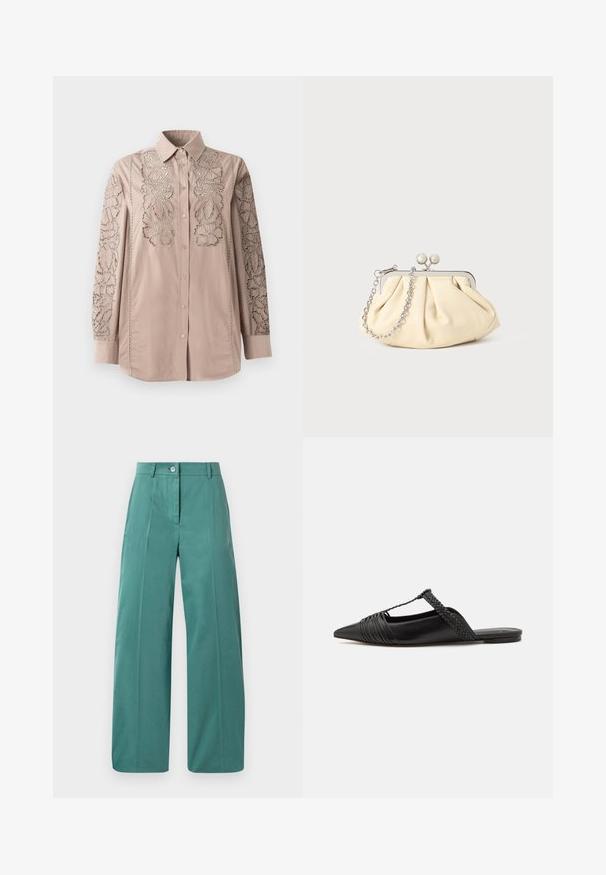 Light beige button-up shirt with intricate lace-like floral embroidery on sleeves. Soft fabric with structured collar and long sleeves.; Wide-leg trousers in a soft teal fabric, featuring a front button closure, sharp creases, and smooth texture. Tailored design with minimal accents.; Black leather slingback shoe with a pointed toe, featuring a woven accent and pleated upper design. Flat sole with minimal hardware.; Pleated beige leather clutch with a silver metal frame, featuring two round decorative clasps and a silver chain strap.