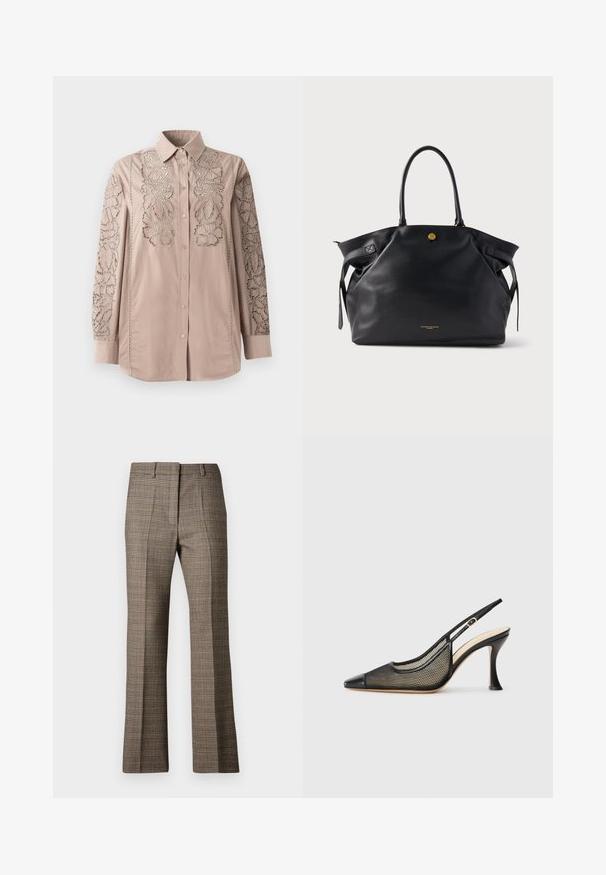 Camisa abotonada de color beige claro con intrincados bordados florales en forma de encaje en las mangas. Tejido suave con cuello estructurado y mangas largas.; Pantalones a cuadros marrones con corte recto, que presentan una tela texturizada y colores sutiles de beige y marrones oscuros a lo largo del patrón.; Zapato de tacón alto negro con tira trasera, que presenta una punta afilada, detalles de malla y una puntera de cuero suave. Los colores incluyen negro y acentos en beige.; Bolso tote de cuero negro con superficie texturizada, herrajes dorados y dos asas redondeadas. Cuenta con un cierre seguro y branding minimalista.