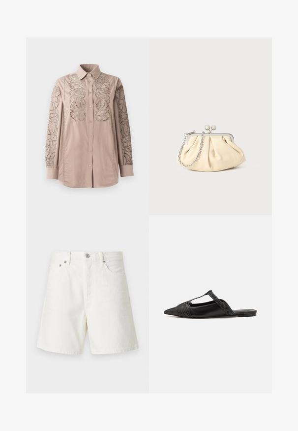 Chemise boutonnière beige clair avec une broderie florale complexe en dentelle sur les manches. Tissu doux avec un col structuré et des manches longues.; Shorts en denim blanc avec une coupe droite, un design à cinq poches, une fermeture à bouton à l'avant, des détails en métal argenté et des coutures décoratives.; Chaussure en cuir noir à talon ouvert avec un bout pointu, présentant un accent tressé et un design supérieur plissé. Semelle plate avec un matériel minimal.; Pochette en cuir beige plissé avec un cadre en métal argenté, dotée de deux fermoirs ronds décoratifs et d'une chaîne en argent.