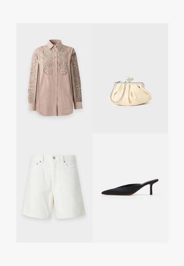 Hellbeige Hemd mit Knopfleiste und aufwendiger, spitzenähnlicher Blumenstickerei an den Ärmeln. Weicher Stoff mit strukturiertem Kragen und langen Ärmeln.; Weiße Jeansshorts mit geradem Schnitt, Fünf-Taschen-Design, vorderem Knopfverschluss, silberner Hardware und genähten Details.; Schwarze spitz zulaufende Mule mit einem eleganten Design, aus glattem Material gefertigt, verfügt über einen schmalen Absatz und eine offene Ferse für ein einfaches An- und Ausziehen.; Faltige beigefarbene Ledertasche mit einem silbernen Metallrahmen, ausgestattet mit zwei runden dekorativen Verschlüssen und einem silbernen Kettenriemen.
