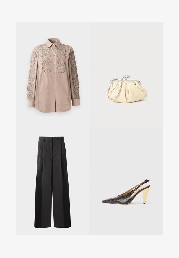 Šviesiai smėlinės spalvos marškiniai su sudėtingu nėriniuotų gėlių nėriniu rankovėse. Minkšta medžiaga, struktūruotas apykaklė ir ilgomis rankovėmis.; Juodos plačios kelnės su aukštu liemeniu, su priekinėmis raukšlėmis, glotnia tekstūra ir pritaikytu apdailos stiliumi. Sukurtos laisvam sėdėjimui.; Ilgas pirštas slingback kulnas tamsiai rudos spalvos blizgios dirbtinės krokodilo odos. Savybė – aukso spalvos geometrinės formos kulnas ir reguliuojama kulkšnies juosta.; Plyšiniai smėlio spalvos odiniai rankinukai su sidabriniu metaliniu rėmu, turintys du apvalius dekoratyvinius užtrauktukus ir sidabrinę grandinėlę.
