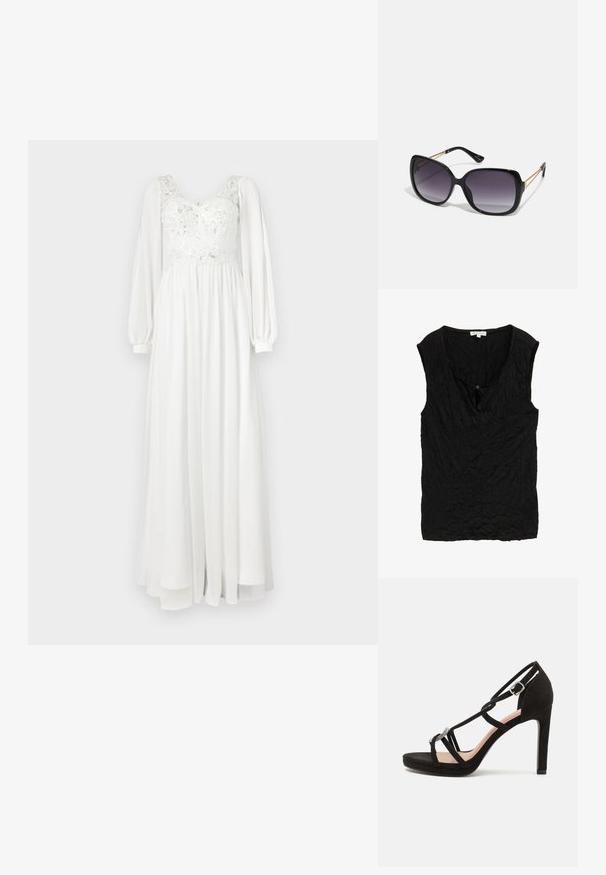 Zwarte, mouwloze top van een gestructureerde, gekreukelde stof. Heeft een ronde halslijn en een klein knoopdetail aan de voorkant.; Lang witte jurk met een kanten lijfje met borduursels, geplooide lange mouwen en een vloeiende rok. Soepele textuur en lichtgewicht materiaal.; Zwarte suède hoge hakken sandaal met kruislings verstelbare banden, een decoratieve zilveren acccent en een platformzool voor extra hoogte.; Zwarte oversized zonnebril met gradient glazen, dikke montuur en gouden kettingdetails op de pootjes.; Zilveren metallic clutch met een hoekig envelopontwerp, een gladde textuur en een contrasterende binnenkleur, vastgehouden in een hand die een zwarte jas draagt.