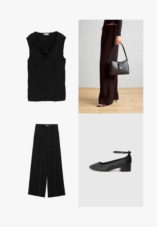 Musta, varrukateta ülikond tekstuurse, kortsus kangaga. Omab ümarat dekoltee ja väikest nööbist detaili ees.; Mustad laiad püksid, millel on tekstureeritud kangas, elastne vöökoht ja eemaldatav pael vööst, et reguleerida sobivust.; Must mustaapp, millel on terav nina ja madal blokk-kand. Omab pahkluu rihma koos kuldse tooni pandlaga. Sile tekstuur.; Must musta kott, millel on struktureeritud kuju, sile tekstuur ja metallist klamber. Kombineeritud laiate mustade pükstega ja avatud varvaste sandaalidega puidust põrandal.