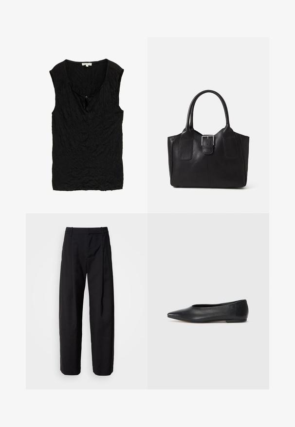 Crna, bez rukava bluzica od teksturirane, naborepute tkanine. Ima okrugli izrez i mali detalj s dugmetom sprijeda.; Crne hlače s opuštenim krojem, nabranim prednjim dijelom i petljama za remen. Glatka tkanina i ravne nogavice, s bočnim džepovima.; Crne kožne balerinke, uski vrh, minimalistički dizajn, glatka tekstura, niska peta, bez vidljivih dodataka ili ukrasa.; Crna kožna torba za nošenje s glatkom teksturom, strukturiranim oblikom, dvije ručke i istaknutim srebrnim kopčanjem na prednjoj strani.