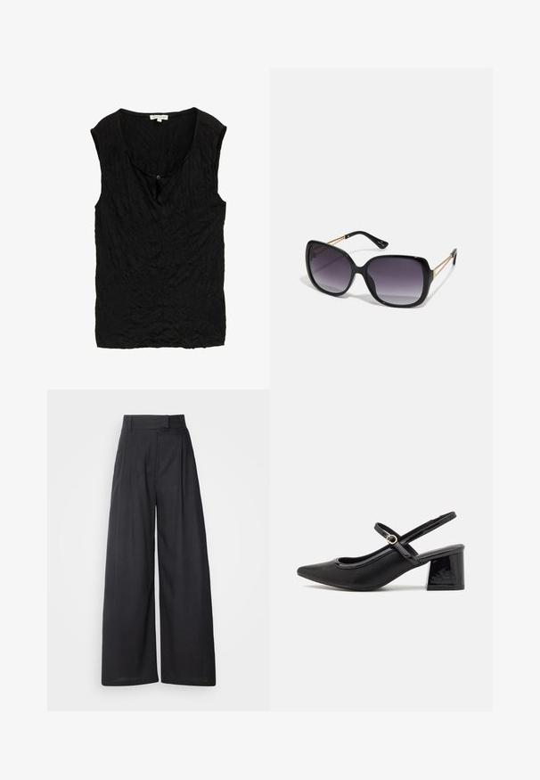 Mustat, hihattomat paidat, joissa on teksturoitu, poimutettu kangas. Ominaisuuksiin kuuluu pyöreä pääntie ja pieni napitusyksityiskohta edessä.; Tumma, leveälahkeiset housut, joissa on rakenteellinen vyötärö ja laskokset. Valmistettu kevyestä kankaasta, jolla on sileä pinta ja ei näkyviä kuvioita.; Musta lakattu nahka slingback-korkokengät, joissa on terävä kärki, pyöreä aukko-muotoilu ja lohkokorko. Varustettu kultasävyisellä solkiyksityiskohdalla.; Mustat ylisuurten kehysten aurinkolasit, joissa on liukuväri-linssit, paksut kehykset ja kultasävyiset ketjustuskoristeet temppeleissä.; Hopeinen metallinen clutch-angular kirjekuorimuotoilu, sileä pinta ja kontrastivärinen sisustus, pidetään kädessä, jossa on musta takki.