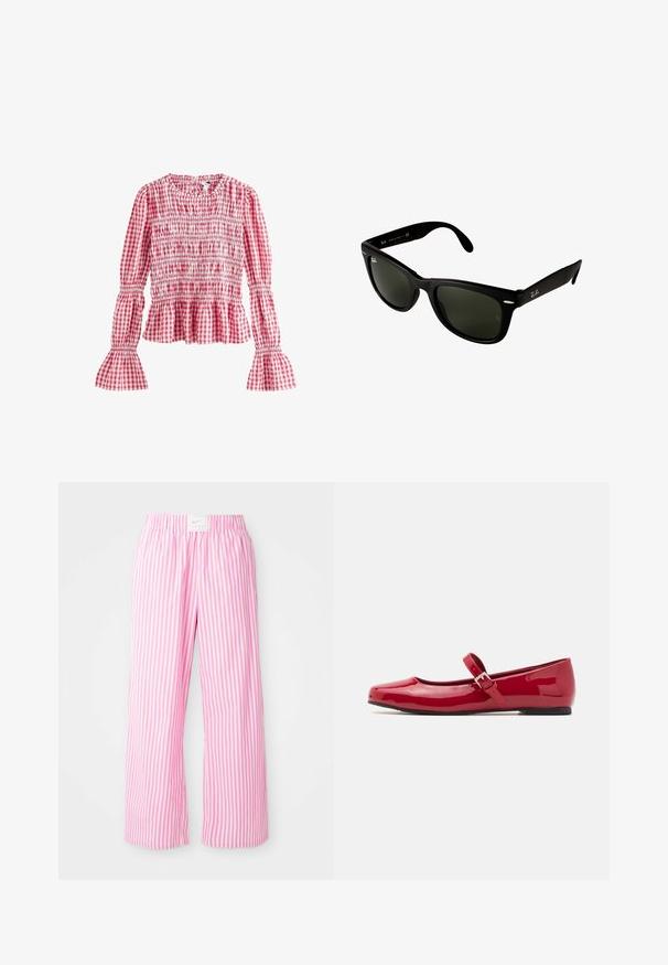 Next Blůza - pink; Růžové a bílé pruhované kalhoty s elastickým pasem. Vyrobeny z lehkého materiálu, s volným a širokým střihem.; Červené lakované Mary Jane baleríny se čtveratou špičkou, přezkou a nízkým černým podpatkem. Hladký povrch a lesklý finiš.; Černé plastové sluneční brýle s tmavě zelenými čočkami. Rám čtvercového tvaru s stříbrnými akcenty a vyraženým logem na spánkové straně.; Denimová taška přes rameno s dvěma uchy a odnímatelným námořnickým popruhem na rameno. Obsahuje nápis "Coach New York" ve námořnické barvě a koženou visačku.