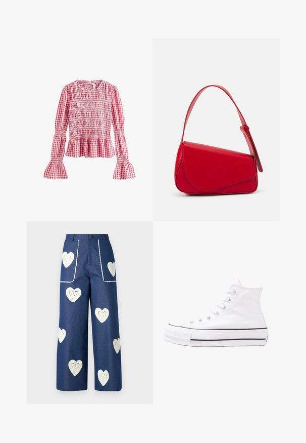 Next Blouse - pink; Sister Jane HEART TO HEART - Straight leg jeans - blue denim; Witte high-top canvas sneakers met een zwarte rubberen zool, een rubberen neuskap aan de voorkant en zes gaatjes voor veters, met een schone, minimalistische uitstraling.; Rode leren handtas met een hoekig, geometrisch ontwerp. Beschikt over een enkele verstelbare schouderriem en een klepclosure met gestikte details.