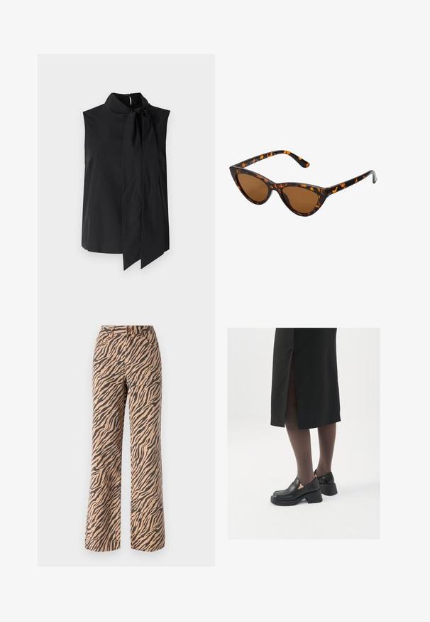 Must mustriga särk kõrge kaelusega ja pika, sidumisega aksessuaari kaeluses. Sile kangas ja minimalistlik disain.; Laiad püksid tigeristriipe mustris pruunides ja mustades toonides, standardse vöökohaga ja viie taskuga disainiga.; Mustad mustad jalatsid ümmarguse varbaga, paksu plokkniidi ja elastsete külgdetailidega, kombineeritud tumedate sukkade ja musta lõhikuga seelikuga.; Kassi vormiga prillid musta ja oranži kilpkonnakujulise raami, pruunide läätsede ja elegantsete teravate otstega. Templi juures on minimaalne logo.