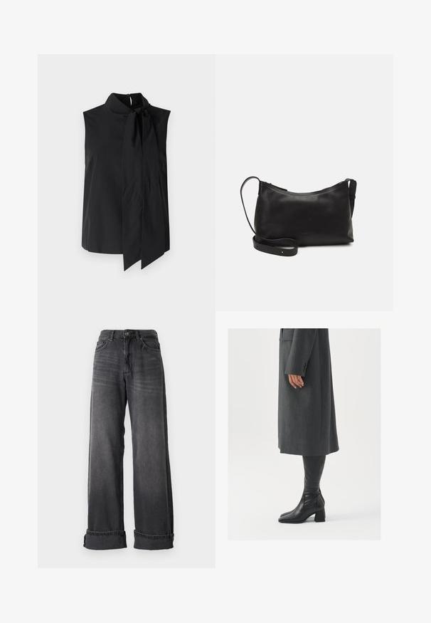 Melna bez piedurknēm blūze ar augstu apkakli un garu, sasietu akcentu pie kakla. Gluda auduma, ar minimālistisku dizainu.; Platas kājas džinsi tumši pelēkā denma, ar augstu jostu, piecām kabatām un apveltajām piedurknēm, lai pievienotu detaļas. Gluda tekstūra ar smalkiem izbalējumiem.; Pelēks, pielāgots mētelis ar taisnu griezumu; kombinēts ar melniem ādas zābakiem līdz ceļiem, kuriem ir kvadrāta formas purngals un masīla dūre.; Melna ādas plecu soma ar gludu tekstūru, izliekta forma, regulējama siksna un rāvējslēdzēja aizdare. Minimālistisks dizains bez rotājumiem.
