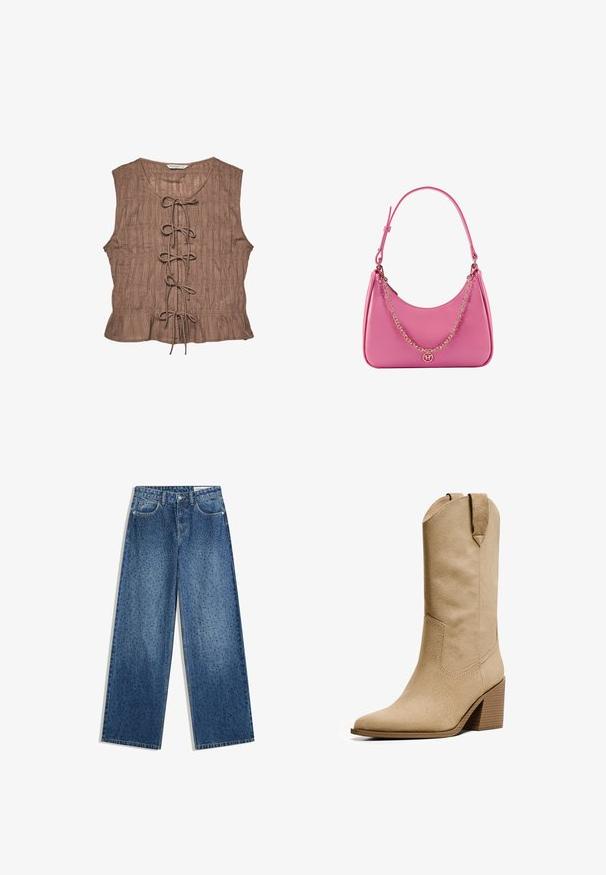 Brun ærmeløs top med tekstureret stof, der har en front snøredesign og rynkede detaljer langs kanten.; Blå denim brede ben jeans med en stenvasket finish, fem lommer og et prikket mønster i hele stoffet.; Bershka HIGH-HEEL - Cowboy- / bikerstøvler - beige; Rosa syntetisk skuldertaske med en buet form, glat tekstur, aftagelig kædderem og en cirkulær logo-detalje på forsiden.