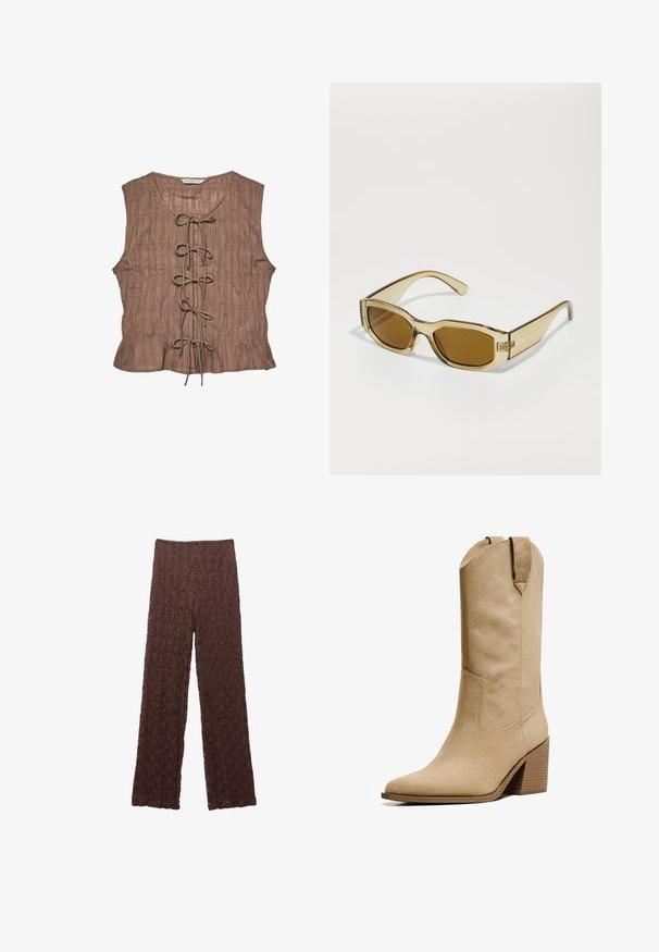 Brown sleeveless top with textured fabric, featuring a front lace-up design and gathered detail along the hemline.; Brown textured pants with a crinkled surface, wide legs, and an elastic waistband. The fabric appears soft and slightly stretchy.; Bershka HIGH-HEEL - Cowboy/Biker boots - beige; Transparent amber sunglasses with rectangular lenses, thick arms, and a glossy finish, featuring a subtle logo on the side.; Gold sequin handbag with a rectangular shape, smooth texture, and a thin strap. The sequins create a reflective surface, enhancing its appearance.