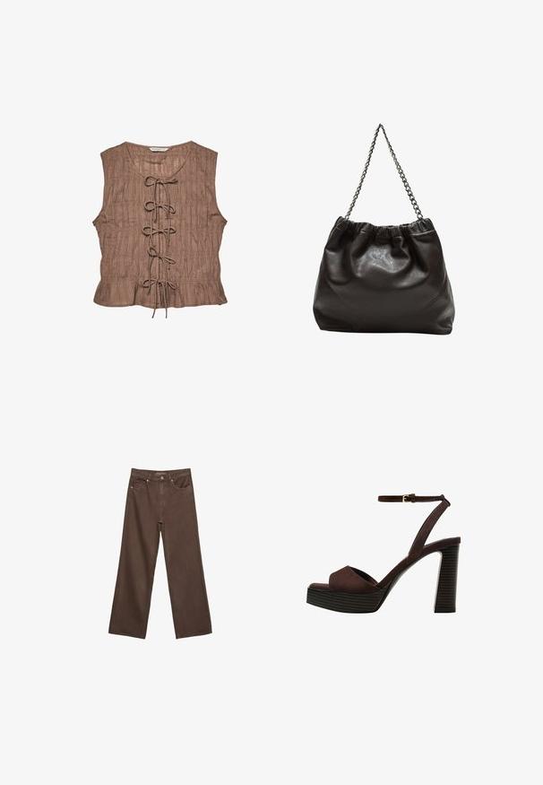 Brauner ärmelloser Oberteil aus strukturiertem Stoff, mit einer vorderen Schnürung und gerafftem Detail entlang dem Saum.; Weite braune Jeans aus Denim, mit hoher Taille, Fronttaschen und klassischem Knopfverschluss. Glatte Textur mit feinen Nähten.; Braune Wildleder-Pumps mit offenem Zeh, verstellbarem Knöchelriemen und gestreiftem Plateausohlen.; Braune Lederhandtasche mit gerafftem Oberteil und Kettenriemen. Glatte Textur mit glänzendem Finish und subtilen Nahtdetails an den Seiten.