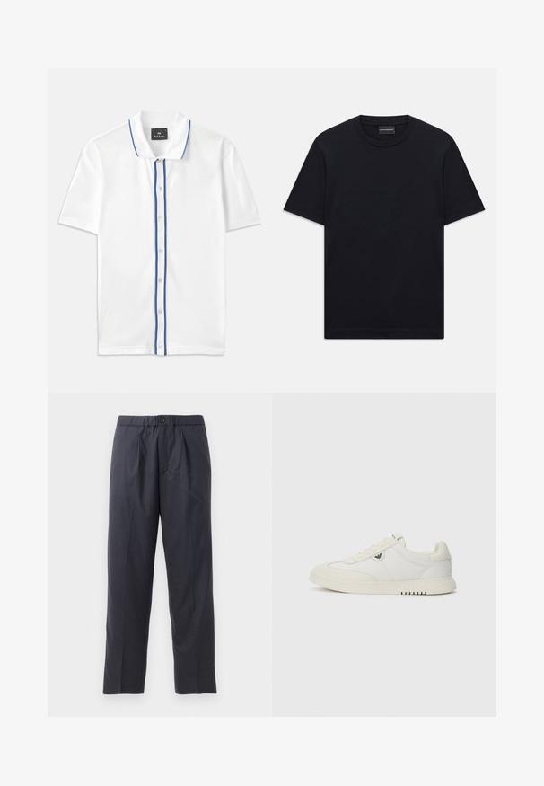 White polo shirt with a blue accent trim along the collar and button placket, featuring short sleeves and a classic button-down design.; Black short-sleeve crew neck T-shirt with subtle embossed logo design centered on the chest and a branded tag inside the collar.; Dark navy trousers made of soft fabric with a pleated front design and elastic waistband. Features a button closure and straight-leg cut.; Low-top white sneaker with lace-up front, smooth sole, and small metallic logo on the side, shown against a plain background.