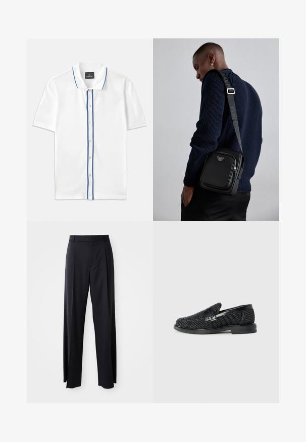 Weiße Poloshirt mit blauen Akzentstreifen entlang des Kragens und der Knopfleiste, mit kurzen Ärmeln und einem klassischen Button-Down-Design.; Schwarze, hoch taillierte Hose mit weitem Bein, aus glattem Stoff. Verfügt über vorne gelegte Falten und Gürtelschlaufen. Minimalistisches Design, ohne sichtbare Beschläge.; Schwarzer geflochtener Slipper mit einem glatten Lederakzent im Obermaterial, einem runden Zehendesign und einer flachen Gummisohle.; Schwarze Leder-crossbody-Tasche mit einem Reißverschlussfach, Logo-Detail und einem verstellbaren, gebrandeten Gurt. Getragen zu einem strukturierten marineblauen Pullover.