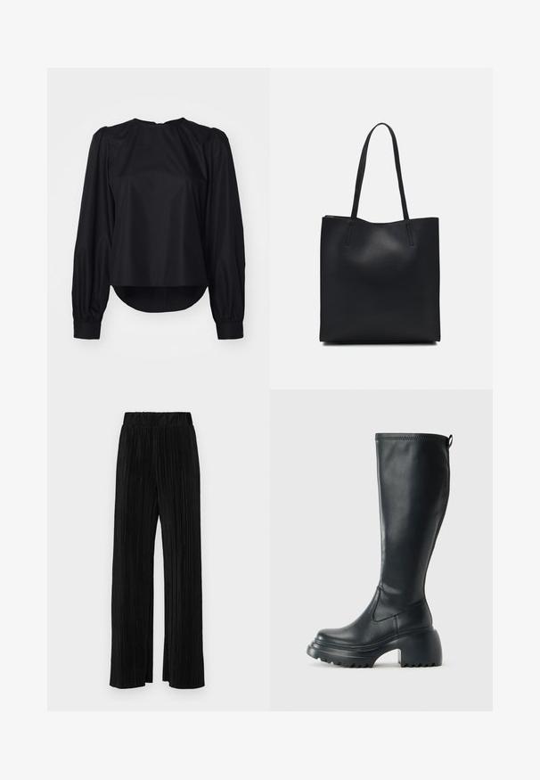 Čierna blúzka s dlhými puff rukávmi, okrúhlym výstrihom a mierne zakriveným lemom. Vyrobená z hladkej, ľahkej tkaniny s manžetami na gombíky.; Čierne plisované nohavice s elastickým pásom. Majú široké nohavice a hladkú, textúrovanú látku s vertikálnymi pruhmi.; Vysoká čierna kožená čižma s masívnou platformou a blokovým podpätkom, s praktickým pútkom a textúrovaným vzorom na podošve.; Čierna kožená taška na rameno s hladkým povrchom, obdĺžnikovým tvarom a dvoma dlhými uchami. Bez viditeľného kovania alebo ozdôb.