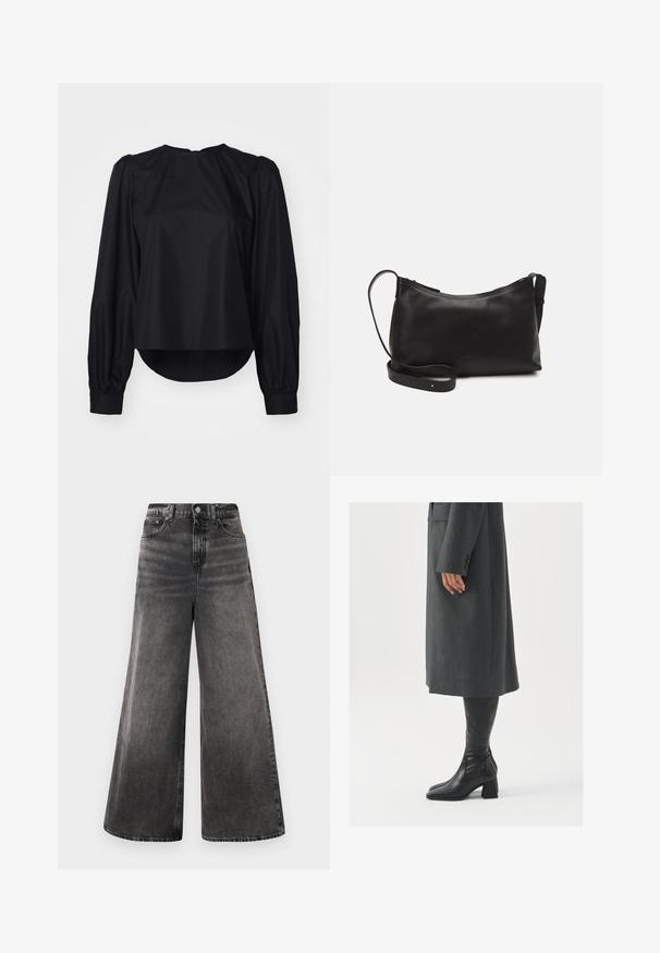 Juoda bliuska su ilgomis pūstomis rankovėmis, apvaliu kaklu ir šiek tiek lenktu kraštu. Pagaminta iš lygaus, lengvo audinio su sagų apykaklėmis.; Plačios juodos džinsinės kelnės su blukinta danga, penkių kišenių dizainu ir mygtuko užsegimu juosmens srityje, su pasiūtais akcentais.; Pilkas pritaikytas paltas su tiesiu kirpimu; derinamas su juodais odiniais batais iki kelių, turinčiais kvadratinį pirštą ir storą kulną.; Juodas odinis petinis krepšys su lygiu paviršiumi, išlenkta forma, reguliuojama dirželiu ir užtrauktuku. Minimalistinis dizainas be puošmenų.