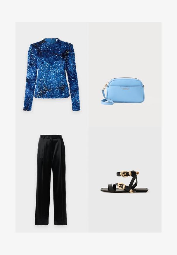 Top blu con paillettes, maniche lunghe, collo alto e fodera interna liscia, caratterizzato da una superficie testurizzata con paillettes riflettenti in tutto il capo.; Pantaloni in satin neri a vita alta con gambe larghe dritte, passanti per cintura e chiusura frontale piatta su uno sfondo bianco semplice.; Sandali neri in pelle con dettagli in oro, caratterizzati da più cinghie e una suola piatta per un design open-toe.; Borsa a tracolla in pelle azzurro chiaro con dettagli in metallo oro, chiusura con zip e tasca frontale. Presenta un tracolla regolabile per maggiore comodità.