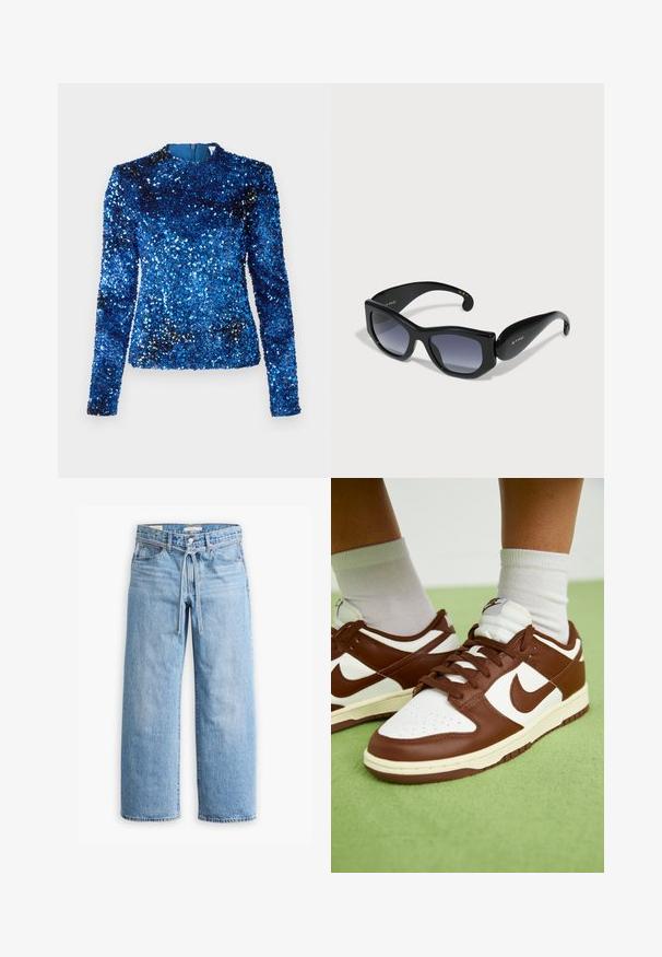 Blue sequin top with long sleeves, high neckline, and smooth interior lining, featuring textured surface with reflective sequins throughout.; Light blue denim wide-leg jeans with a high waist, button and zip closure, and a drawstring detail at the waist. Raw hem finish.; Brown and white leather sneakers with perforated toe, textured accents, and flat laces. Model features a low-top design and rubber sole.; Black square-framed sunglasses with gradient lenses. Glossy finish, thick arms featuring gold logo detail. Classic and modern design.