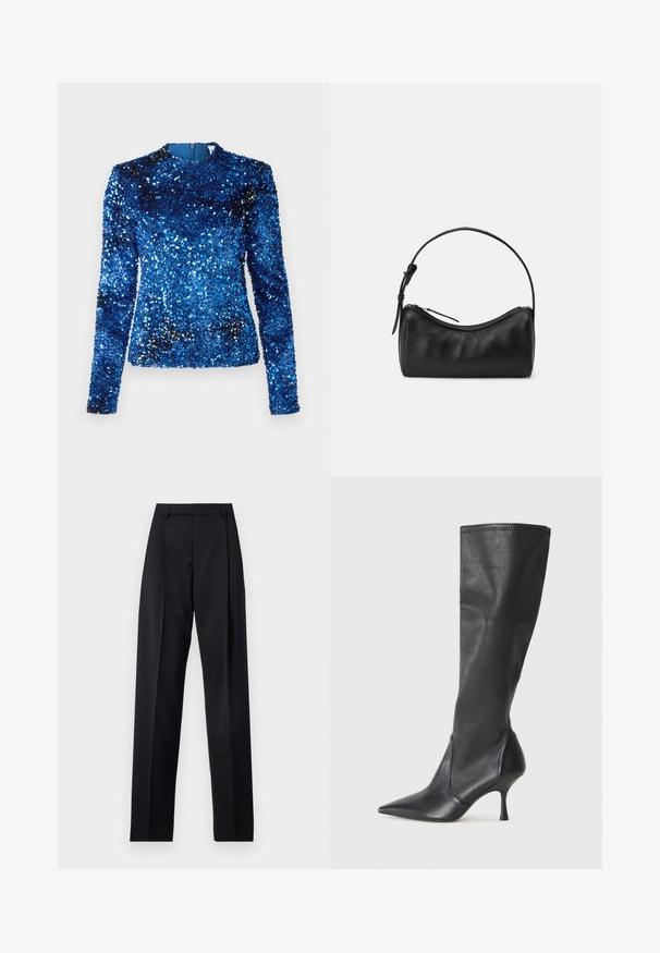 Top blu con paillettes, maniche lunghe, collo alto e fodera interna liscia, caratterizzato da una superficie testurizzata con paillettes riflettenti in tutto il capo.; Pantaloni neri realizzati in tessuto morbido, caratterizzati da vita alta, gambe larghe, pince frontali e classiche passanti per cintura. Non ci sono tasche laterali visibili.; Stivali neri in pelle al ginocchio con punta affusolata e tacco a stiletto sottile. Texture liscia con design aderente e cuciture lungo il bordo superiore.; Borsa a tracolla in pelle nera con un design curvo, chiusura a zip e una tracolla sottile. Presenta una texture liscia e dettagli di cucitura discreti.