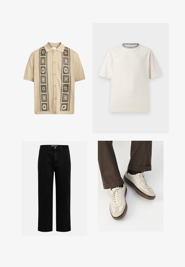 Beige overhemd met korte mouwen en knoopsluiting, voorzien van decoratieve groene en zwarte geometrische patronen aan de voorkant en textuur gebreide details.; Crème-kleurige katoenen t-shirt met korte mouwen, met een ronde halslijn die is accentueerd met marineblauwe en witte strepen. Soepele textuur, ontspannen pasvorm.; Zwarte denim broeken met een rechte pijp, klassieke vijf-pocket structuur en een knoopsluiting in de taille. Glad materiaal en duurzame stof.; Beige sneakers met een leren voorkant van textuur-suède, gladde leren zijkanten en een bruine rubberen zool. Veters en lichte stikseldetails inbegrepen.