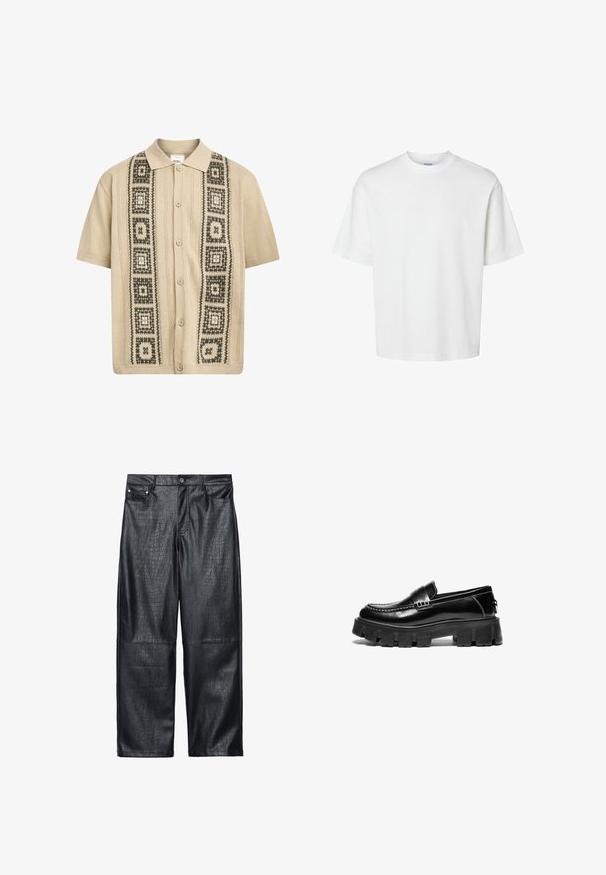 Kratka bež majica s kratkimi rokavi in zapiranjem na gumb, ki ima dekorativne zelene in črne geometrijske vzorce spredaj ter teksturirane pletene podrobnosti.; Bela bombažna majica s kratkimi rokavi, okroglo izrezana in udobnega kroja. Gladka tekstura brez vidnih vzorcev ali dekoracij.; Črne široke hlače iz umetnega usnja s kroko teksturo, tradicionalnim pet-pocket dizajnom in detajli v srebrni barvi na gumbih ter zakovicah.; Črne usnjene loafer sandale z masivnim gumijastim podplatom, okrasnim trakom čez zgornji del in kontrastnim belim šivanjem. Gladka tekstura z zaobljenim nosom.