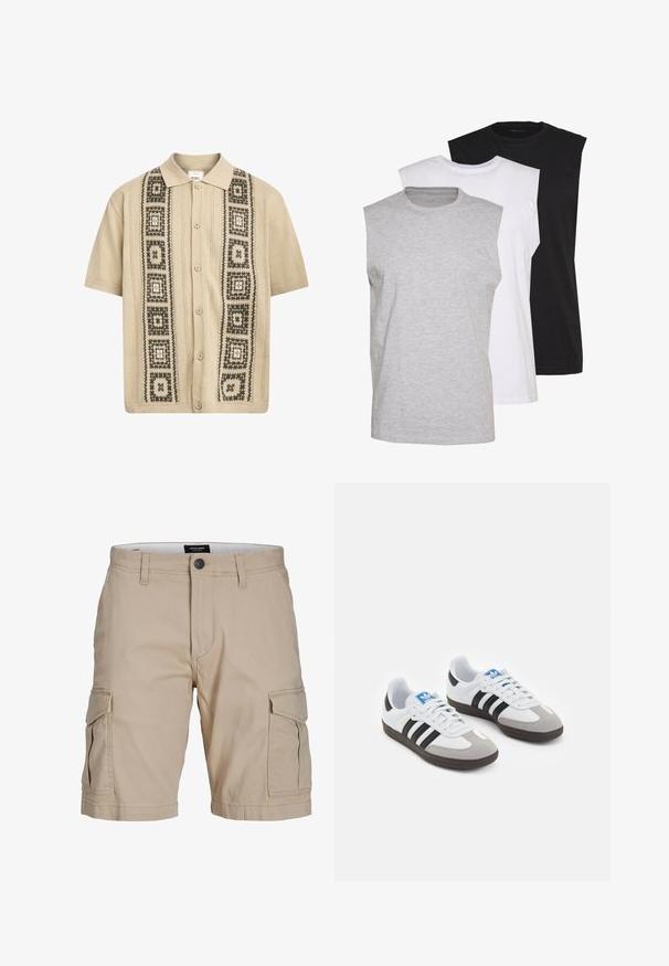Beige overhemd met korte mouwen en knoopsluiting, voorzien van decoratieve groene en zwarte geometrische patronen aan de voorkant en textuur gebreide details.; Drie mouwloze T-shirts in grijs, wit en zwart. Zacht katoenmateriaal met een ronde hals en een relaxte pasvorm. Eenvoudig ontwerp, geen patronen.; Beige cargoshorts van katoen, met meerdere zijzakken, een knoopsluiting bij de taille en een rechte pasvorm.; Sportschoenen met een witte leren bovenkant, grijze suède neus en drie zwarte strepen. Bevat een blauw logo op de tong en een gestructureerde rubberen zool.