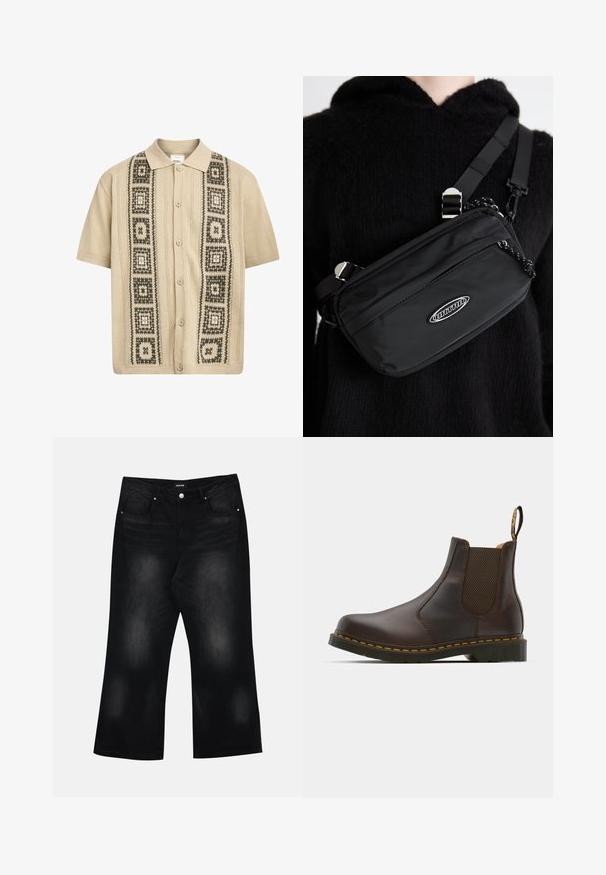 Short-sleeve beige shirt with button closure, featuring decorative green and black geometric patterns along the front and textured knit details.; Black wide-leg jeans made of denim, featuring two front pockets, subtle fading, and a button closure at the waist.; Brown leather Chelsea boot with elastic side panels, textured heel, and contrast yellow stitching. Features a pull tab for easy wear.; Black nylon crossbody bag with adjustable strap, featuring a smooth texture, a front zipper pocket, and a logo accent.