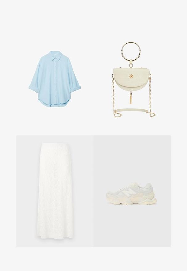 Jasnoniebieska koszula wykonana z miękkiego materiału, z klasycznym kołnierzykiem, zapięciem na guziki z przodu i podwiniętymi rękawami dla swobodnego kroju.; Biała koronkowa spódnica maxi z teksturowanym wzorem, elastyczną talią i zwiewnym kształtem. Materiał wydaje się lekki i przewiewny.; Lekki sneakers z siateczkową i zamszową cholewką w delikatnych kremowych odcieniach, z masywną podeszwą i trójwymiarowymi akcentami.; Victoria Hyde - Torebka; Niebieski pierścionek akrylowy z ośmiokątnym kamieniem, gładką obręczą i błyszczącym wykończeniem, prezentujący różne odcienie niebieskiego oraz przezroczyste facety.