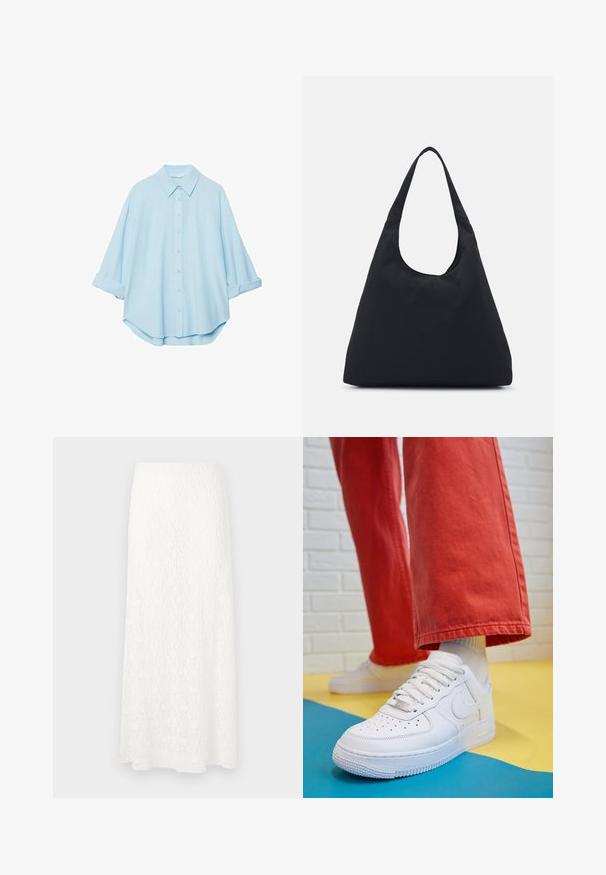 Helles blaues Hemd aus einem weichen Stoff, mit klassischem Kragen, durchgehender Knopfleiste und hochgekrempelten Ärmeln für eine lässige Passform.; Weißer Maxiskirt aus Spitze mit einem strukturierten Muster, elastischem Bund und fließender Form. Der Stoff wirkt leicht und luftig.; Weiße Leder-Sneaker mit perforiertem Zehenbereich, strukturiertem Sohlen und weißen Schnürsenkeln, kombiniert mit weiten roten Hosen und einem blauen und gelben Hintergrund.; Schwarze Stofftasche mit einem einzelnen, breiten Schulterriemen. Weiche, semi-strukturierte Form und glatte Textur; minimales Design, ohne sichtbare Beschläge.