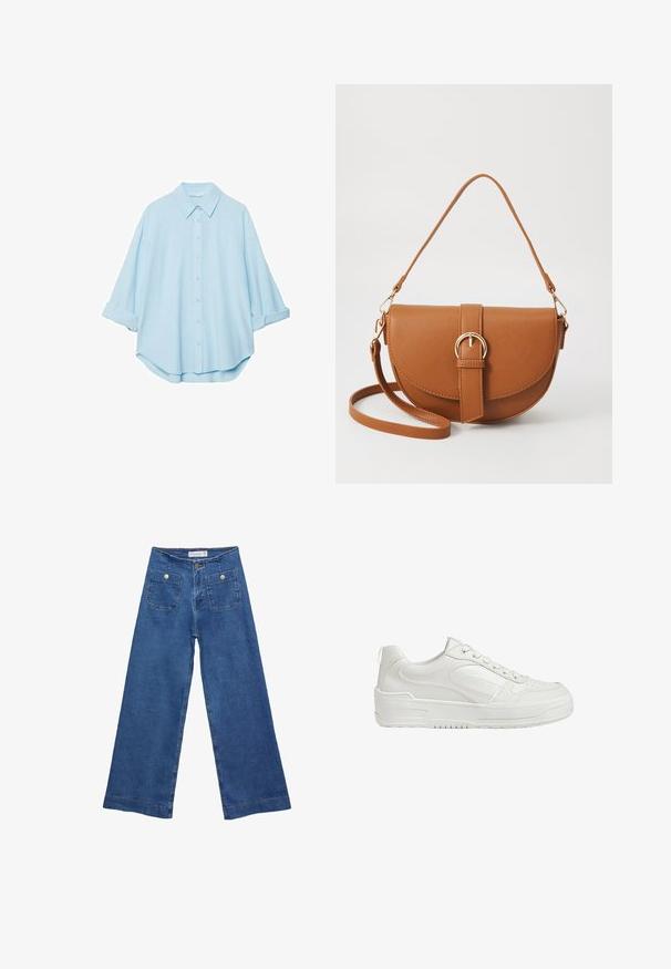 Light blue shirt made from a soft fabric, featuring a classic collar, button-down front, and rolled sleeves for a relaxed fit.; Denim wide-leg jeans with a medium blue wash, two front pockets with button closures, and stitched detailing along the hems.; White leather sneakers with smooth texture, padded ankle, and perforated toe. Features a slightly elevated rubber sole and lace-up design.; Brown leather crossbody bag with a curved shape, gold hardware, and a buckle accent. Features a detachable shoulder strap.