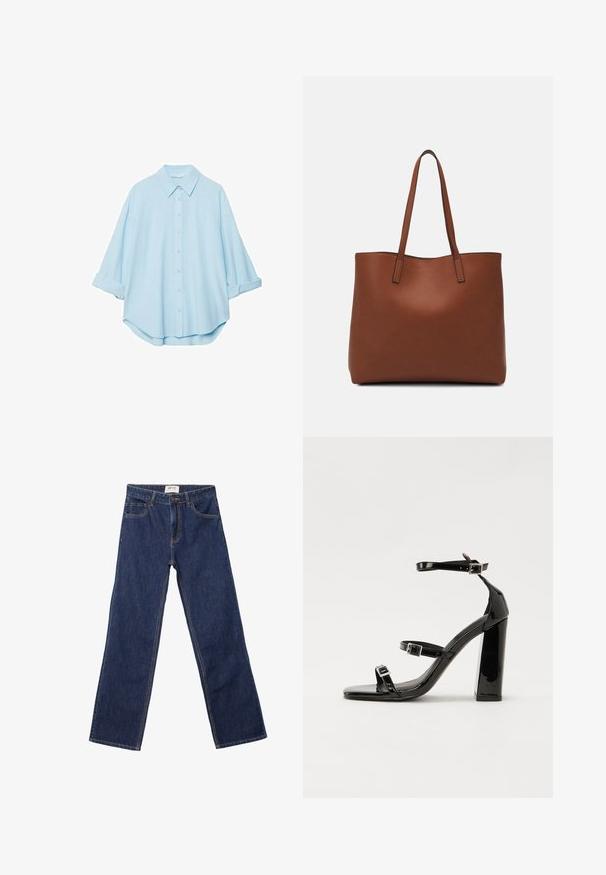 Camicia azzurra realizzata in un tessuto morbido, con colletto classico, chiusura a bottoni sul davanti e maniche arrotolate per un fit rilassato.; Jeans dritti blu scuro con tasche frontali, passanti per cintura e chiusura con bottone.; Sandali con tacco in vernice nera, con punta squadrata, cinturini alla caviglia e fibbie in argento. Presentano un tacco a blocco spesso per maggiore stabilità.; Borsa tote in pelle marrone con texture liscia, design con apertura superiore e due spallacci. Presenta cuciture minime e nessun hardware visibile.