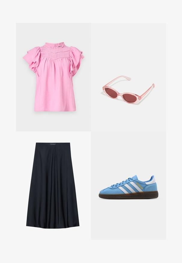 Rosa bluse med korte volangermer, rynket detaljering ved bodice, og høy hals. Lett, teksturert stoff med en myk finish.; Sort, knelangs skjørt laget av lett stoff med en flytende design. Har en jevn tekstur og subtile folder for ekstra detalj.; Lyseblå sueadesko med hvite lærstriper, en brun teksturert såle og gulllogo. Lågt design med rund tå.; Rosa transparente solbriller med ovale linser, mørkerød farge, og slanke armer, med en glatt finish og subtile detaljer på rammen.