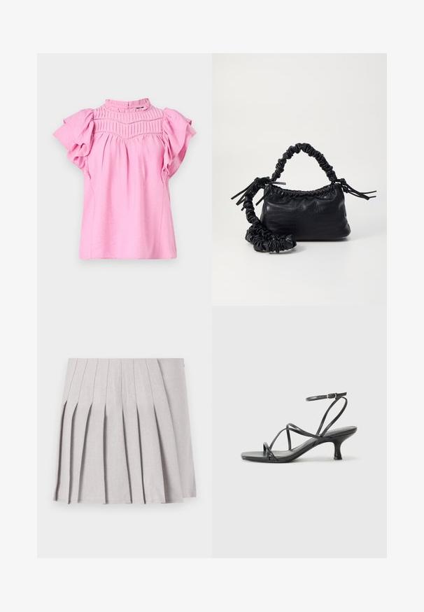 Blouse rose avec des manches courtes à volants, détails froncés au niveau du buste et col montant. Tissu léger et texturé avec une finition douce.; Jupe plissée grise au toucher lisse, dotée de multiples plis verticaux et d'une taille ajustée. Fabriquée en tissu léger.; Sandales noires à talons avec des fines lanières, un design ouvert à l'avant et un petit talon évasé. Le matériau semble lisse et brillant.; Sac à main en simili cuir noir avec une texture crocodile, un dessus resserré et une sangle froncée. A l'apparence douce et compacte.