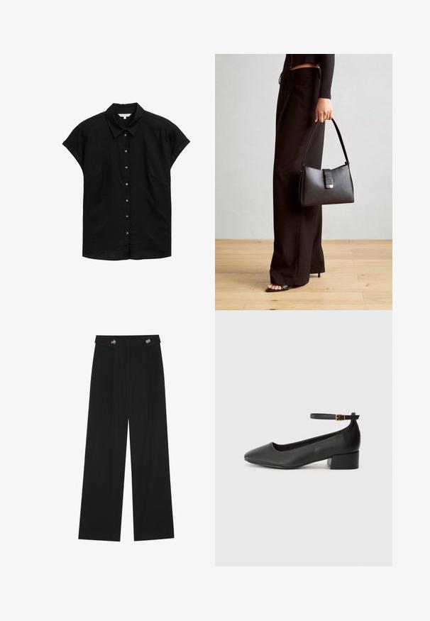 Schwarzes kurzärmliges Hemd mit Kragen, Knopfleiste und einem weichen, strukturierten Stoff. Verfügt über eine lockere Passform und dezente Nähte.; Schwarze weite Hosen mit hoher Taille, Knopfdetails am Bund und vorderen Falten.; Schwarze Lederpumps mit spitzem Zehenbereich und niedrigem Blockabsatz. Mit einem Knöchelriemen und einer goldfarbenen Schnalle. Glatte Textur.; Schwarze Handtasche mit strukturierter Form, glatter Textur und einem metallischen Verschluss. Kombiniert mit weiten schwarzen Hosen und offenen Sandalen auf einem Holzboden.