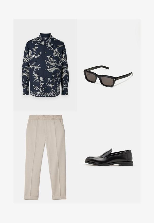Marineblaues Hemd mit Knopfleiste, mit filigraner weißer Blumen- und Vogelstickerei, langen Ärmeln und klassischem Kragen; der Stoff ist glatt und leicht.; Filippa K TERRY CROPPED TROUSERS - Stoffhose - sage melange; Schwarze Lederloafers mit glatter Textur, rundem Zehenbereich und einem dekorativen Riemen über dem Vorderfuß. Niedriger, gestapelter Absatz, minimalistisches Design.; Schwarze rechteckige Sonnenbrille mit dunklen Gläsern, dickem Kunststoffrahmen, goldenen Akzenten an den Bügeln und eingraviertem Markenlogo am Arm.