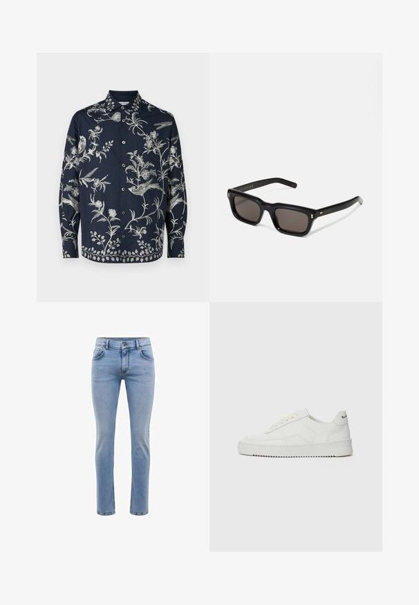 Navy button-up shirt featuring intricate white floral and bird embroidery, long sleeves, and a classic collar; fabric is smooth and lightweight.; Light blue denim jeans with a slim fit, five pockets, and a straight leg design. Features a zipper fly and belt loops. Soft texture.; White leather sneaker with a smooth finish, round toe, flat laces, and a textured sole. Features a subtle logo on the heel.; Black rectangular sunglasses with dark lenses, thick plastic frame, gold accents on temples, and brand logo engraved on the arm.
