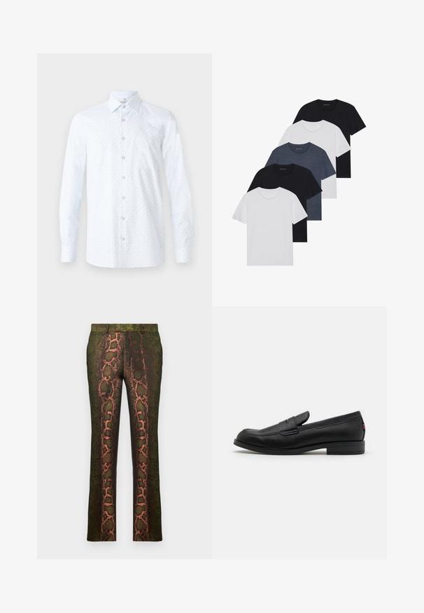 Hvid langærmet skjorte med et diskret lyseblåt mønster, klassisk krave, knappet front og glat stofstruktur.; Sæt af fem t-shirts i sort, hvid og marineblå. 100% bomuldsstof, korte ærmer, rund halsudskæring og ensartet overflade uden mønstre.; Grønne mønstrede bukser med et slangeprintdesign i nuancer af brun og orange, lige snit og en glat tekstur.; Sorte læder loafers med en glat finish, rund tå og en lille dekorativ flap. Har en lav stablet hæl og en subtil brandingdetalje.