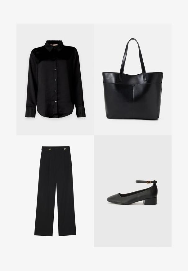 Melna garām piedurknēm krekls ar gludu tekstūru, kuram ir mirdzoša rotāta apkakle un piedurknes, kā arī pogu aizdare priekšpusē.; Melnas platās bikses ar augstu jostasvietu, pogu detaļām uz jostas un priekšējām krokām.; Melnas ādas sūkņi ar smailu purngalu un zemu bloku papēdi. Iezīmēts ar potītes siksniņu ar zelta krāsas sprādzi. Gluda tekstūra.; Melnas ādas iepirkumu soma ar divām garām rokturām, gludu tekstūru un strukturētu formu. Iekļauj priekšējo kabatu papildu uzglabāšanai.