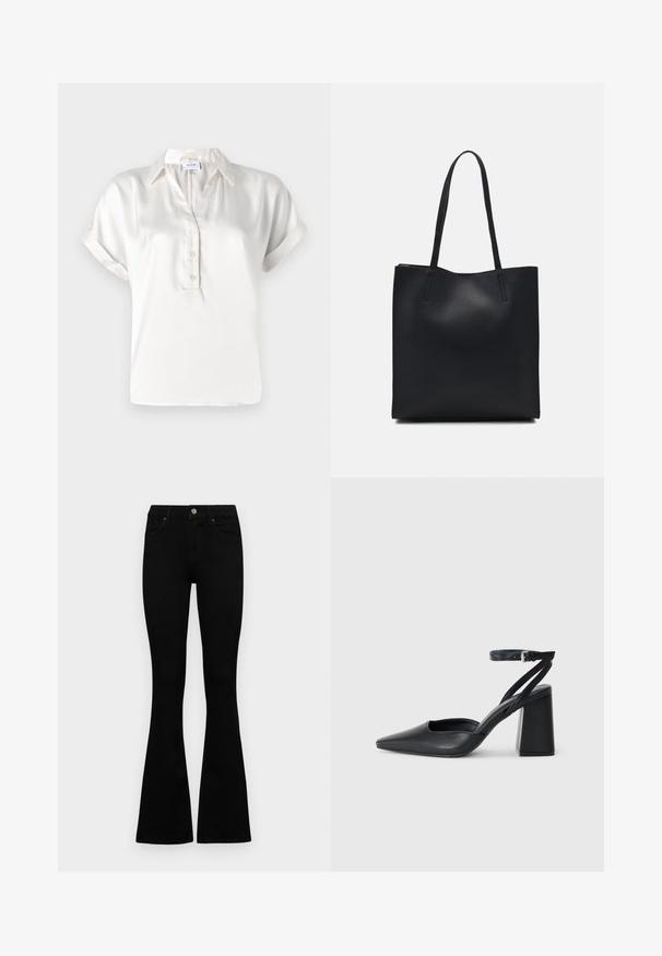 Polo shirt blanc satin à manches courtes avec patte de boutonnage, col standard et manches retroussées, offrant une texture lisse et des lignes épurées.; Jean noir évasé en denim. Comprend une fermeture à bouton, cinq poches et une texture lisse. La jambe évasée commence sous le genou.; Escarpin noir en cuir à bout pointu avec une bride de cheville et un talon épais. Texture lisse, design élégant et esthétique minimaliste.; Sac fourre-tout en cuir noir avec une texture lisse, de forme rectangulaire et deux longues poignées. Pas de matériel ou d'ornementations visibles.