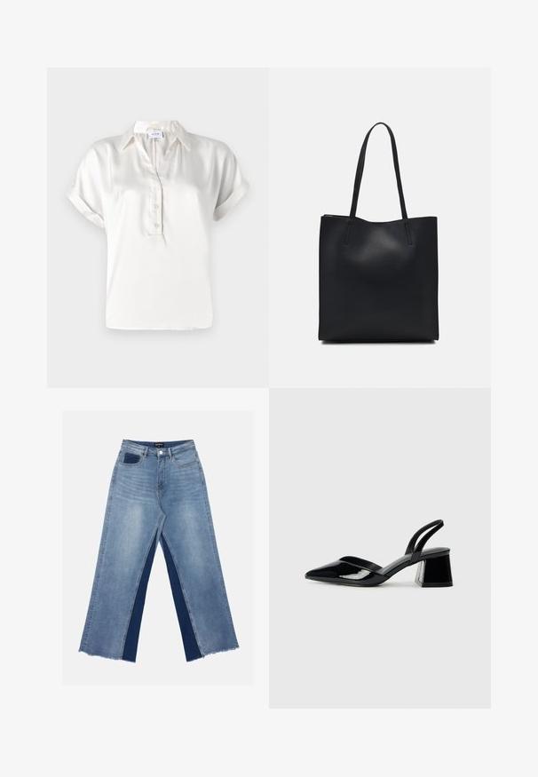Hvit sateng kortermet polo-skjorte med knappestolpe, standard krage og oppbrettede ermer, med en jevn tekstur og rene linjer.; Lyseblå vide jeans med kontrasterende mørkeblå paneler, frynset søm og vanlig liv med metallknapp-lukking.; Svarte patentlær slingback hæler med spiss tå og geometrisk blokk hæl. Har et stilrent, minimalistisk design og jevn tekstur.; Svart lær tote bag med glatt tekstur, rektangulær form og to lange håndtak. Ingen synlige deler eller dekorasjoner.