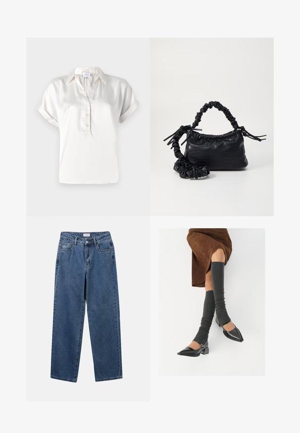 Vit satin kortärmad polo med knäppning, standardkrage och uppvikta ärmar, med en mjuk textur och rena linjer.; Klassiska blå denimjeans med rak benform, fem fickor och knäppning. Har en medelblå tvättning och stadig textur.; Svarta lackläderskor med spetsig tå, blockklack och ankelrem, i kombination med grå ribbade benvärmare och en brun mockakjol.; Svart faux läderhandväska med krokodiltextur, snodd topp och en skrämd rem. Ser mjuk och kompakt ut i designen.