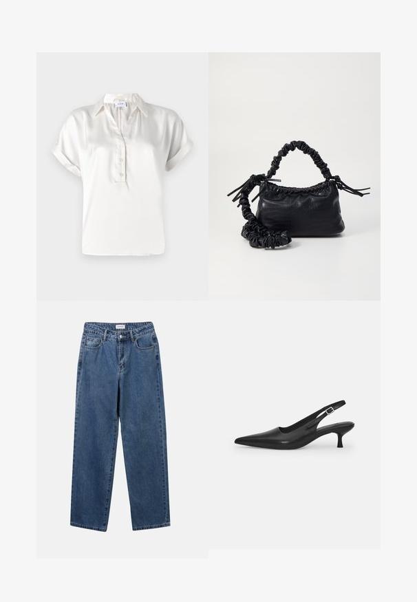 Bílá saténová polo košile s krátkým rukávem, s knoflíkovou légou, standardním límečkem a ohrnutými manžetami, s hladkou texturou a čistými liniemi.; Klasické modré džíny z denimu se střihy rovné nohy, pěti kapsami a zapínáním na knoflík. Mají střední odstín a odolnou texturu.; Černá kožená nazouvací bota se špičatou špičkou a štíhlým zakřiveným podpatkem. Obsahuje diskrétní nastavitelný pásek s kovovou sponou.; Černá kabelka z umělé kůže s krokodýlím vzorem, staženým vrškem a zmačkaným popruhem. Zdá se, že má měkký a kompaktní design.