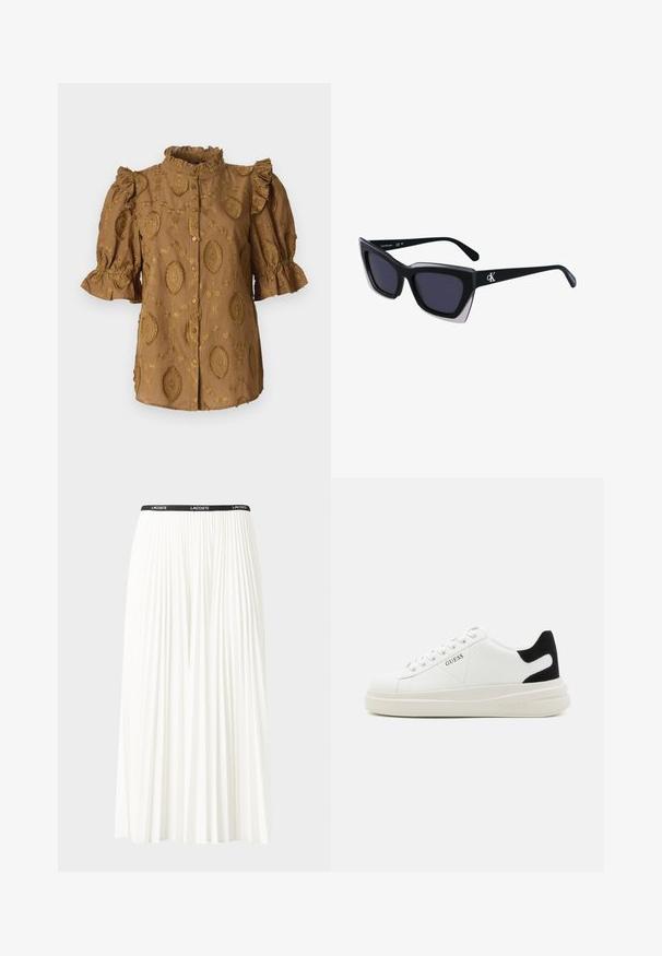 Barna blúz puffos ujjal, fodros gallérral és domború virágmintákkal. Elöl gombos záródás; puha, textúrált anyag.; Plisszírozott fehér szoknya fekete elasztikus derékkal, amelyen a "LACOSTE" logó található. Középhosszú kialakítás, puha tapintással.; Fehér bőr sportcipők vastag fehér talppal, fekete velúr sarokpikkelyel és dombornyomott logóval az oldalon. Fűzős kialakítás, hat fűzőlyukkal.; Fekete, nagyméretű napszemüveg geometrikus formával, sötét lencsékkel és kontrasztos szürke részlettel a kereten. Logó a szárán.