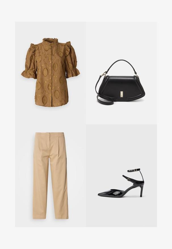 Bruine blouse met pofmouwen, gerimpelde kraag en reliëf bloemenpatronen. Voorzien van knoopsluiting; zacht, textuurstof.; Beige katoenen broek met een ontspannen pasvorm, voorzien van twee voorplooien, een rechte pijp en een klassieke knoopsluiting in de taille.; Zwarte laarzen van gepatenteerd leer met een spitse neus, verstelbare enkelbandjes en een slanke hak. Gladde textuur met een glanzende afwerking.; Zwarte leren handtas met een gestructureerd ontwerp, featuring een verkorte vorm, bovenhandvat en gouden hardwareaccent. Inclusief verstelbare schouderband.