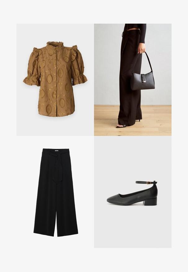 Brun bluse med pufferm, rynket krage og pregete blomsterdesign. Frontlukking med knapper; mykt, strukturert stoff.; Svart vide bukser med teksturert stoff, elastisk midje og avtagbart belte som gir justerbar passform.; Sorte skinnpumper med spiss tå og lav blokkhelt. Har ankelrem med gullfarget spenne. Glatt tekstur.; Svart håndveske med strukturert form, jevn tekstur og metallisk lås. Kombinert med brede svarte bukser og sandaler med åpen tå på tregulv.