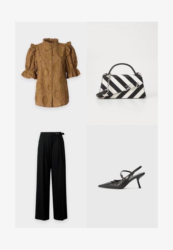 Braune Bluse mit Puffärmeln, Rüschensaum und geprägten Blumenmustern. Vorderer Knopfverschluss; weicher, strukturierter Stoff.; Schwarze weit geschnittene Hosen mit hoher Taille, Falten an der Vorderseite und einem Gürtel mit Schnalle. Hergestellt aus glattem, leichtem Stoff.; Schwarzlederne Slingback-Absätze mit spitzer Zehenform, schlankem Absatz und dekorativem Schnallendetail auf dem Blatt. Glatte Textur und elegantes Design.; Schwarz-weiße gestreifte Handtasche mit strukturierter Form, ausgestattet mit einem oberen Griff, einem abnehmbaren Kettenriemen und einem metallischen Logo-Detail.