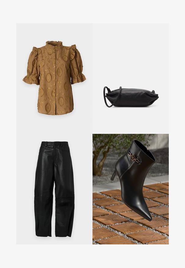 Braune Bluse mit Puffärmeln, Rüschensaum und geprägten Blumenmustern. Vorderer Knopfverschluss; weicher, strukturierter Stoff.; Schwarze Lederhose mit lockerer Passform, geradem Bein, Fronttaschen und sichtbaren Nähten.; Schwarze Leder-Ankle-Boots mit spitzem Zehen und kleinem Absatz. Mit einem goldenen Kettenakzent am Knöchel. Umgeben von einer strukturierten Steoberfläche.; Schwarze Leder-Clutch mit rechteckiger Form, glatter Textur, dünnem Schulterriemen und minimalistischer Gestaltung.