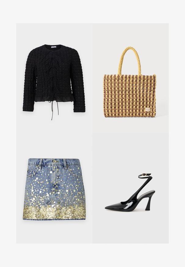 Hofmann Copenhagen MAVI - Bluse - black; Denim nederdel i en falmet blå farve, prydet med guldpalietter i kanten, der skaber en gradient effekt. Fem-lomme design med knaplukning.; Sorte patentlæder slingback højhælede sko med spids tå, justerbar ankelrem og moderat blokhæl. Glat tekstur med blank finish.; Vævet taske i brun og gul, med en rektangulær form, to håndtag, og en tekstureret overflade med synlige sting og et mærke.