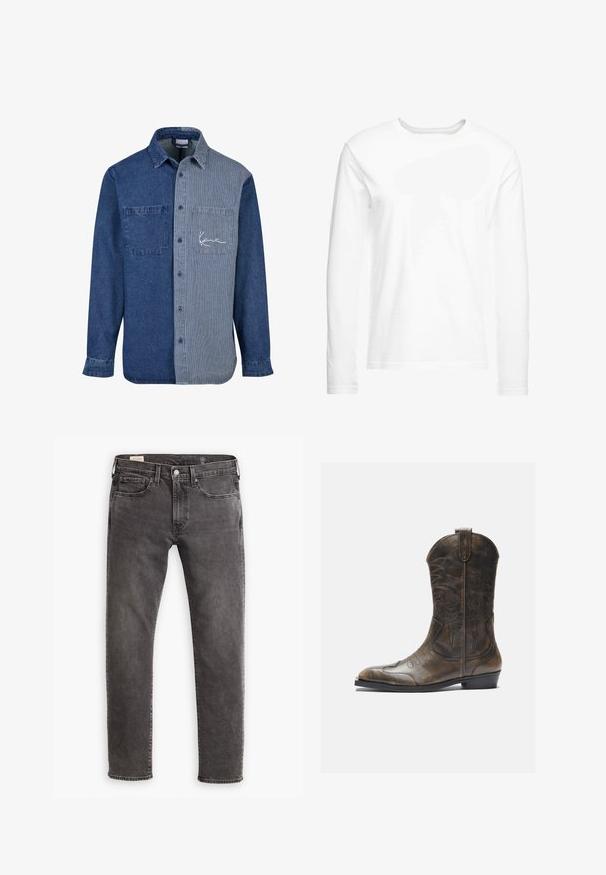 Jeanshemd met een effen donkerblauwe linkerkant en een gestreepte lichtblauwe rechterkant, voorzien van een borstzak en geborduurd logo.; Langsleeve witte t-shirt gemaakt van zachte katoen. Ronde halslijn met rechte zoom en geen zichtbare patronen of graphics.; Grijze denim jeans met een rechte snit, een vijf-pocket ontwerp en een knoopsluiting. Voorzien van subtiele vervaging en tonale stiksels overal.; Bruine leren cowboylaars met een hoge schacht, spitse neus, ingewikkelde stikpatronen en een kleine hak. Gevarieerde afwerking overal.